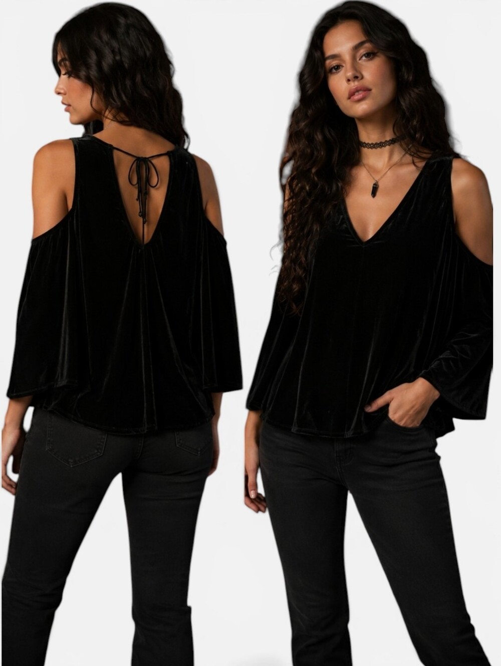 Velvet Black Top Cut Out Shoulders V Neck Fairy Whimsigoth Sexy Witchy Sz XS